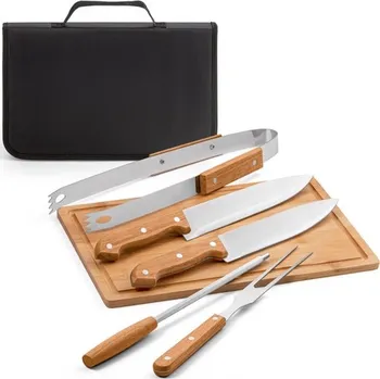 Příslušenství pro gril FLARE. Pětidílná souprava na grilování ze dřeva a nerezové oceli s bambusovým prkénkem