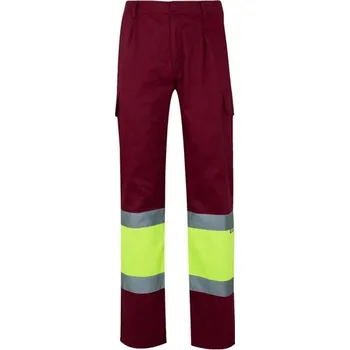 Dámské kalhoty VL POSEIDON. Dvoubarevné keprové kalhoty s více kapsami (210 g/m²), z bavlny (20 %) a polyesteru (80 %) - Bordó / Žlutá / XL