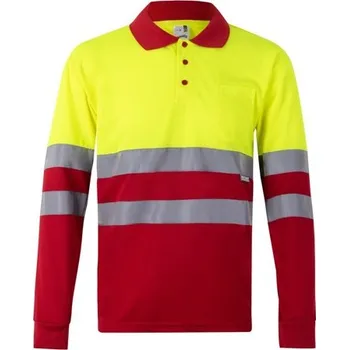 Pánská košile VL VULCAN. Dvoubarevná polokošile z ptačí perspektivy (160 g/m²) s dlouhým rukávem, z polyesteru (100 %) - Červená / Žlutá / XL