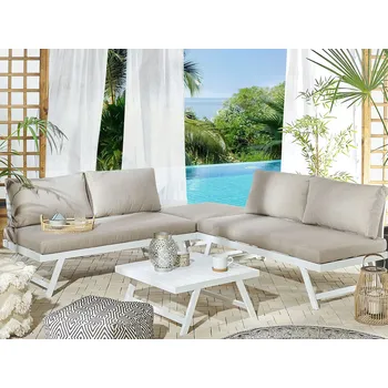 Zahradní sestava Sada zahradního nábytku taupe polštáře bílý rám vyvýšená sedadla konferenční stolek Beliani