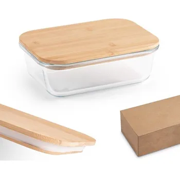 Svačinový box PORTOBELLO. Obědová krabička. Hermetický box z borosilikátového skla a bambusového víka 1000 ml