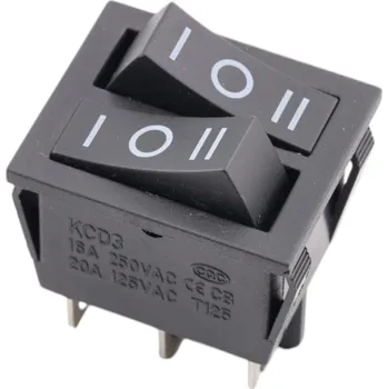 vypínač Kolébkový vypínač obdélníkový dvojitý, KCD3, ON-OFF-ON, černý 250V/15A
