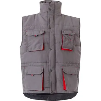 Pánská vesta VL NERGAL. Vycpaná vesta, dvoubarevná, vícekapsová (120 g/m²), z polyesteru (100 %) - Šedá / Červená / 2XL