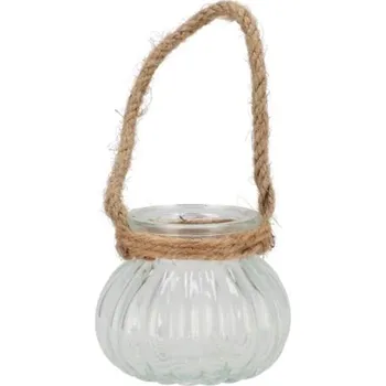 Svícen Transparentní žebrovaný skleněný svícen s jutou - Ø 9*8 cm