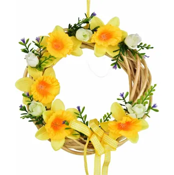 Velikonoční dekorace Jarní proutěný věnec žlutý narcis, 20 cm, žlutá