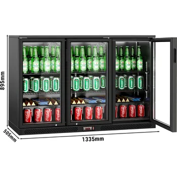 Lednice G.Gastro Barový chladicí stůl - 1,33 m - 320L - se 3 skleněnými dveřmi & 2 policemi - exteriér & interiér černý