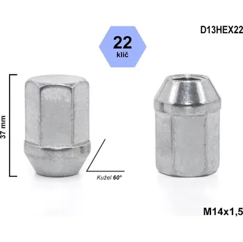 Matice na kolo Kolová matice M14x1,5 kužel zavřená, klíč 22, D13HEX22, DE50/S, výška 37 mm