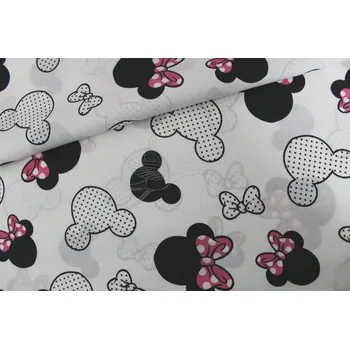 Mickey hlavy na bílé - růžová mašle - bavlněné plátno, šíře 160cm