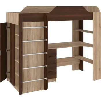 Dětská postel Slevadoma Patrová postel KIDS, 80 x 190 cm, s psacím stolem, regály a šatní skříní Barva: dub sonoma + ořech - tmavý