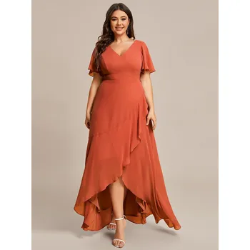 Dámské šaty Šifonové šaty pro družičky s výstřihem do V a volánky Barva: Oranžová, Velikost: 7XL