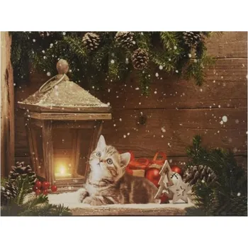 Nástěnná LED malba Kočka před lucernou, 30 x 40 cm