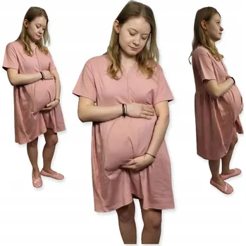 Dámská noční košile KOŠILE NOČNÍ TĚHOTENSKÁ PORODNICKÁ BAVLNĚNÁ KRÁTKÝ RUKÁV velikost L PUDROVĚ RŮŽOVÁ