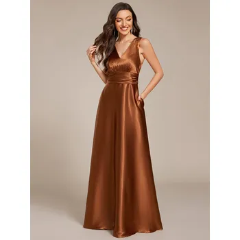 Dámské šaty Elegantní saténové šaty pro družičky s hlubokým výstřihem do V Barva: Hnědá, Velikost: 4XL