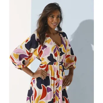 Dámské šaty Dlouhé kreponové šaty na knoflíky, s maxi potiskem nám. modrá/šafránová 52