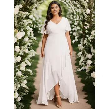 Dámské šaty Šifonové šaty pro družičky s výstřihem do V a volánky Barva: Bílá, Velikost: 6XL