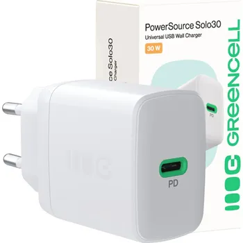 GreenCell Napájecí adaptér PowerSource Solo30, USB-C, 30W, bílá Kompaktní USB-C adaptér s výkonem 30W pro rychlé nabíjení mobilních zařízení. Ideální pro domácí i cestovní použití.