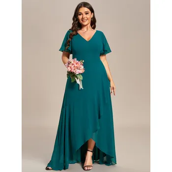 Dámské šaty Šifonové šaty pro družičky s výstřihem do V a volánky Barva: Tyrkysová, Velikost: 8XL