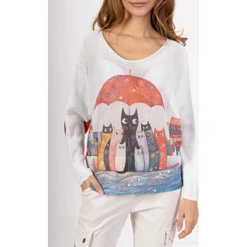 Dámský svetr Lehký svetřík s kočkami pod deštníkem