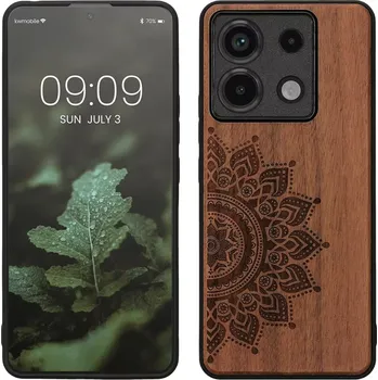 Pouzdro na mobilní telefon Dřevěné pouzdro KWmobile - Xiaomi Redmi Note 13 Pro 5G / Poco X6 5G Rising sun (Pouzdro na mobil Xiaomi Redmi Note 13 Pro 5G / Poco X6 5G z přírodního dřeva s ornamentem + silikonová vanička - Rising sun)
