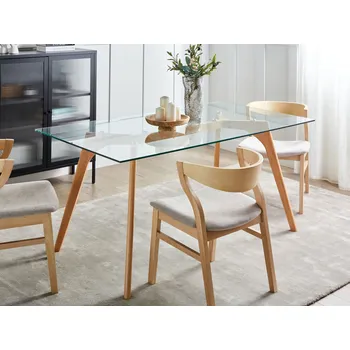 Průhledný jídelní stůl se skleněnými deskami o rozměrech 160 x 90 cm dubové dřevěné nohy obdélníkový skandinávský moderní Beliani