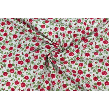 Bavlněné plátno červené růžičky na smetanové