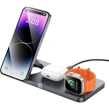 HOCO CQ22 bezdrátová stolní nabíječka MagSafe 3v1 / sluchátka, hodinky, telefon / 15W šedá