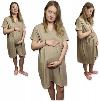 Dámské noční prádlo KOŠILE NOČNÍ TĚHOTENSKÁ PORODNÍ BAVLNĚNÁ KRÁTKÝ RUKÁV velikost M BÉŽOVÁ
