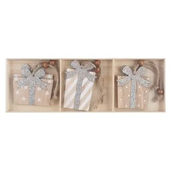 Vánoce Dřevěné dárky na zavěšení stříbrné glitry 8 cm, 6 ks v krabičce