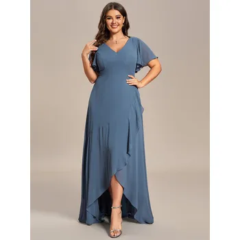 Dámské šaty Šifonové šaty pro družičky s výstřihem do V a volánky Barva: Mořská, Velikost: 6XL