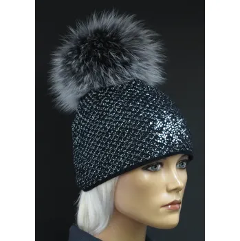 Čepice R-Jet Dámská zimní pletená čepice s kožešinovou bambulí 676 černá se stříbrným lurexem