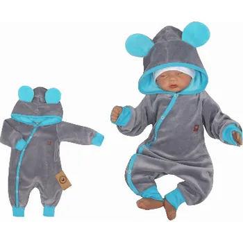 Kojenecké oblečení Z&Z Velurový kojenecký overálek s kapucí a oušky - tyrkysovo,šedý, Velikost koj. oblečení 68 (3-6m)