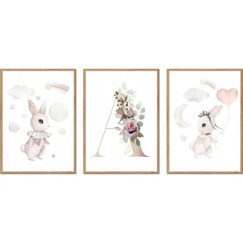Obraz SADA 3 OBRAZŮ V RÁMU dětské králíčci zajíčci PÍSMENO A P2626_A5