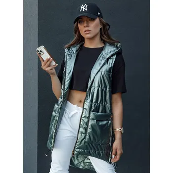 Dámská vesta Tmavě zelená lesklá prošívaná vesta s kapucí JESS TY4454 Velikost: S