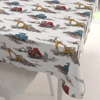 ubrus Dětský bavlněný obdélníkový ubrus Sandra SA-578 Náklaďáky a bagry na bílém 50x100 cm