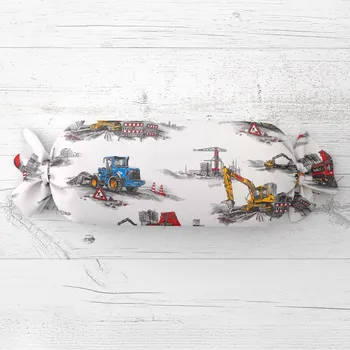 Dekorativní polštářek Dětský polštář válec bonbon Sandra SA-578 Náklaďáky a bagry na bílém 15x60 cm