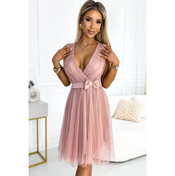 Dámské šaty 523-1 Tylové šaty s výstřihem a mašlí - BRUCE PINK UNI