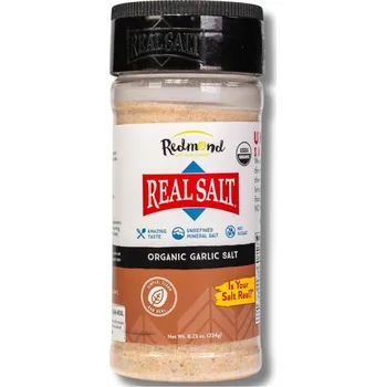 Přisada na vaření a pečení Redmond | RealSalt® - Jemně mletá přírodní sůl se sušeným bio česnekem Obsah: 234 g nerafinovaná sůl z prehistorického mořského ložiska v Utahu