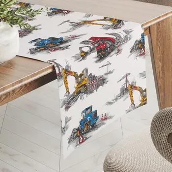 ubrus Dětský bavlněný běhoun na stůl Sandra SA-578 Náklaďáky a bagry na bílém 20x140 cm