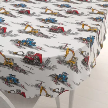 ubrus Dětský bavlněný oválný ubrus Sandra SA-578 Náklaďáky a bagry na bílém 50x100 cm