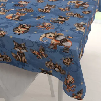 ubrus Dětský bavlněný obdélníkový ubrus Sandra SA-581 Zvířátka vynálezci na modrém 50x100 cm