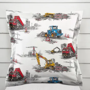 Povlak na dekorativní polštářek Dětský bavlněný povlak na polštář s lemem Sandra SA-578 Náklaďáky a bagry na bílém 40 x 40 cm