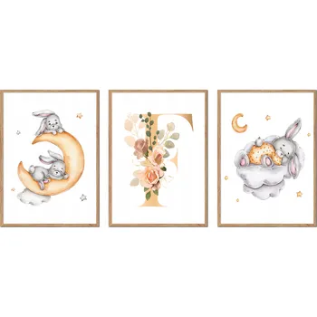 Obraz PLAKÁTY V RÁMU 3ks dětské králíčci měsíc obrázek PÍSMENO F P2657_43x53