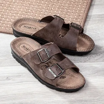 Pánské pantofle decoDoma Pánské páskové pantofle hnědé 41