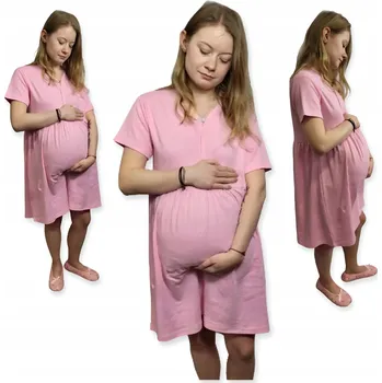 Dámská noční košile NOČNÍ TĚHOTENSKÁ KOŠILE K PORODU, BAVLNĚNÁ, KRÁTKÝ RUKÁV, vel L, SVĚTLE RŮŽOVÁ