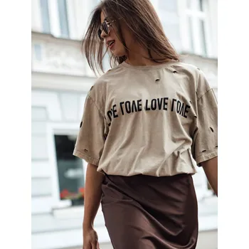 Dámské tričko Béžové oversize tričko s nápisem BONGANIR RY2645 Velikost: ONE SIZE