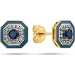 Zlaté diamantové náušnice se safírem a glazurou KU2142 + dárkové balení LUXUS zdarma