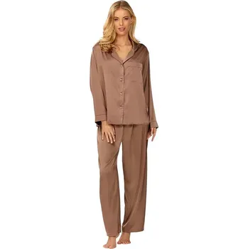 Dámské pyžamo Dlouhé saténové pyžamo Amina hnědé XXL