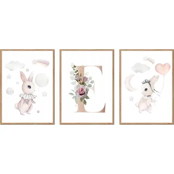 Obraz SADA 3 OBRAZŮ V RÁMU dětské králíčci zajíčci PÍSMENO E P2630_A5