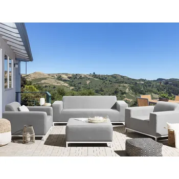 Zahradní sestava Zahradní sedací souprava Světle šedé látkové čalounění Bílé hliníkové nohy taburet 5místná venkovní odolná proti povětrnostním vlivům Beliani