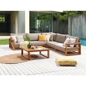 Zahradní sestava Zahradní rohová sestava světlá hnědá certifikovaná akátové dřevo šedé polštáře 5 míst s konferenčním stolkem moderní design Beliani